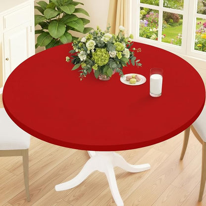 Smiry Round Spandex Tablecloth, Elastic Fitted Washable Tablecloths for 31"-35" Tables, Waterpoof Stretch Picnic Table Cover for Dining, Indoor and Outdoor, Red