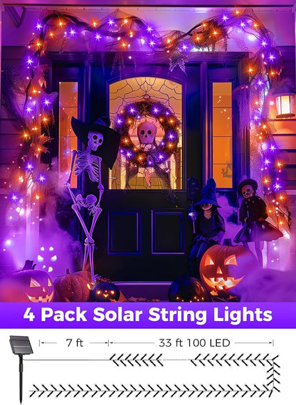 Minetom Halloween Solar Lights Outdoor,4Pack Total 160FT Halloweeen Light | 400 LED String Lights with 8 Lighting Modes,Black Wire Waterproof Solar String Lights for Outside Tree Party, Orange & Purple