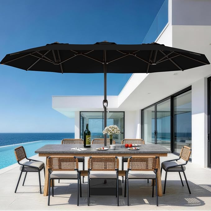 AreShark 15FT Outdoor Patio Umbrella with Crank, Large Rectangular Market Umbrella, Double-Sided Outdoor Umbrellas with Cross Base & Sandbag for Porch, Lawn, Pool, Backyard, Black