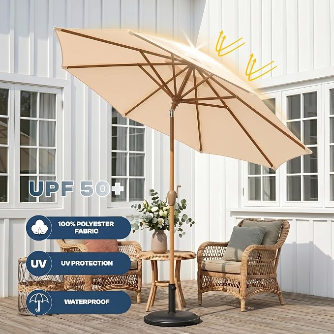 9ft Outdoor Patio Umbrella, Market Table Umbrella with Crank and Easy Push Button Tilt, Wood Grain Frame, UPF 50+ for Pool, Garden, Deck, Backyard