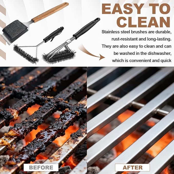 3 Pcs 304 Stainless Steel BBQ Grill Brush, 16.7'' Grill Brush Bristle Free, 15 ''Three-Head and 12''Three-Sided Brushes for Outdoor BBQ Accessories, Ideal Gift for Men/dad