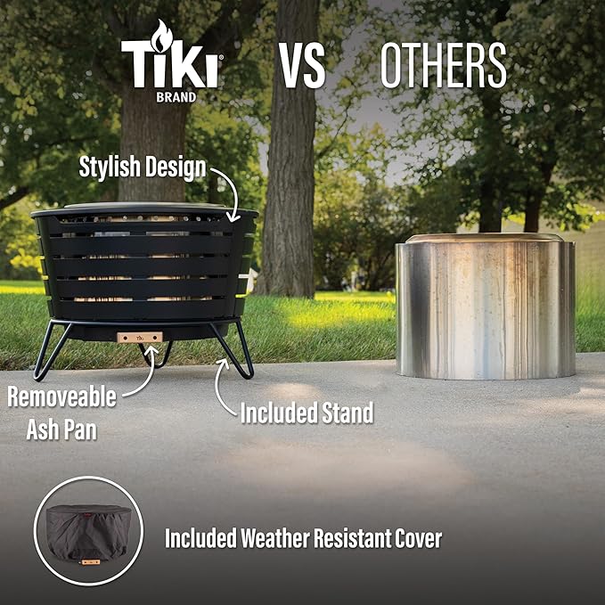 TIKI Patio Smokeless Outdoor Fire Pit, 25-Inch Wood-Burning Bonfire with Removable Ash Pan, Stand, and Weather-Resistant Cover