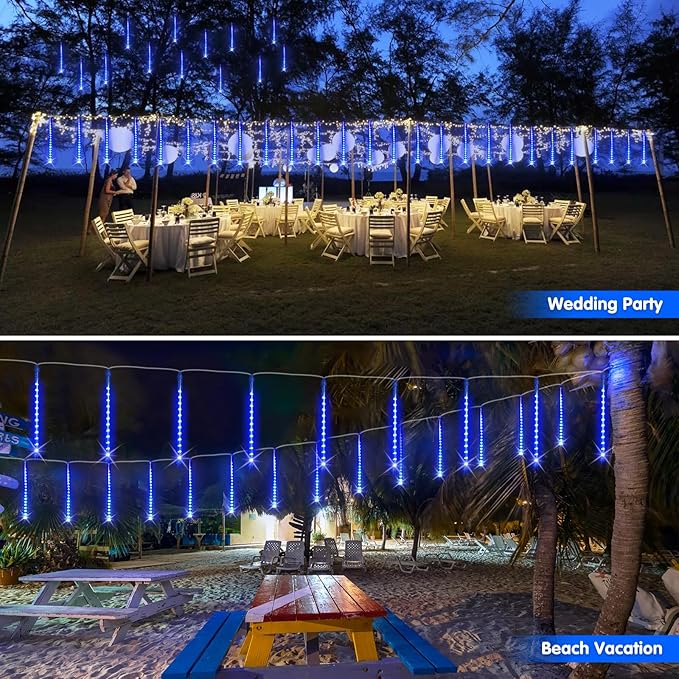 JMEXSUSS Solar Lights for Outdoor Decor, 8 Tube 144 LEDs Solar Meteor Shower Lights Outdoor, Hanging Blue Christmas Lights for Tree Yard Icicle Garden Patio Gazebo Eaves Front Porch Decor