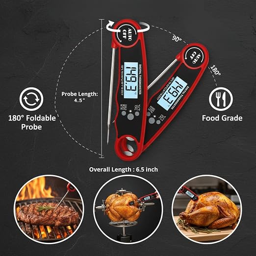 Meat Thermometer Digital Instant Read for Cooking and Grilling, Waterproof Food Thermometer with Backlight, Foldable Probe, Auto Off, Magnet, Bottle Opener, Built-in Bottle Opener & Fridge Magnet
