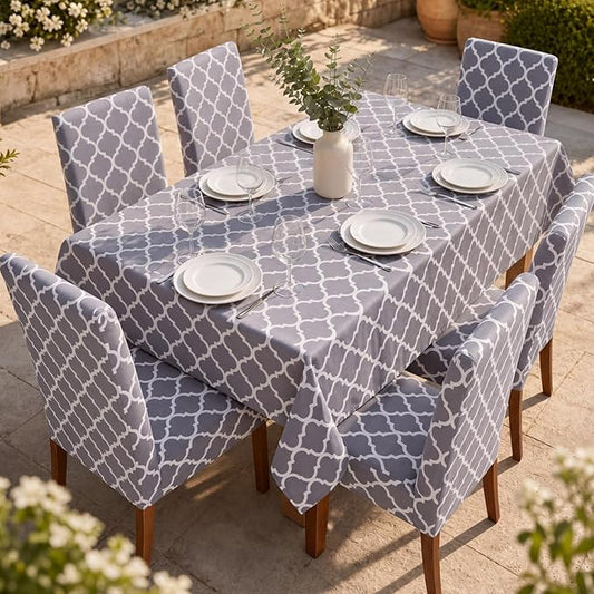 7 Pcs Moroccan Tablecloth and Chair Covers Set 60 x 84 Inch Waterproof Trellis Rectangular Table Cover with Stretch Stretchable Dining Chair Slipcovers for Kitchen Patio Dining Room Parties