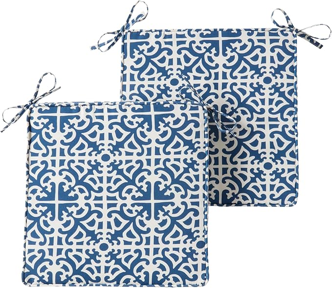 Outdoor 18 inch Square Patio Dining Chair Pads – Comfortable Fiber-Filled Seat Cushions with Ties, Reversible Polyester Fabric - Indigo Blue Lattice, Set of 2
