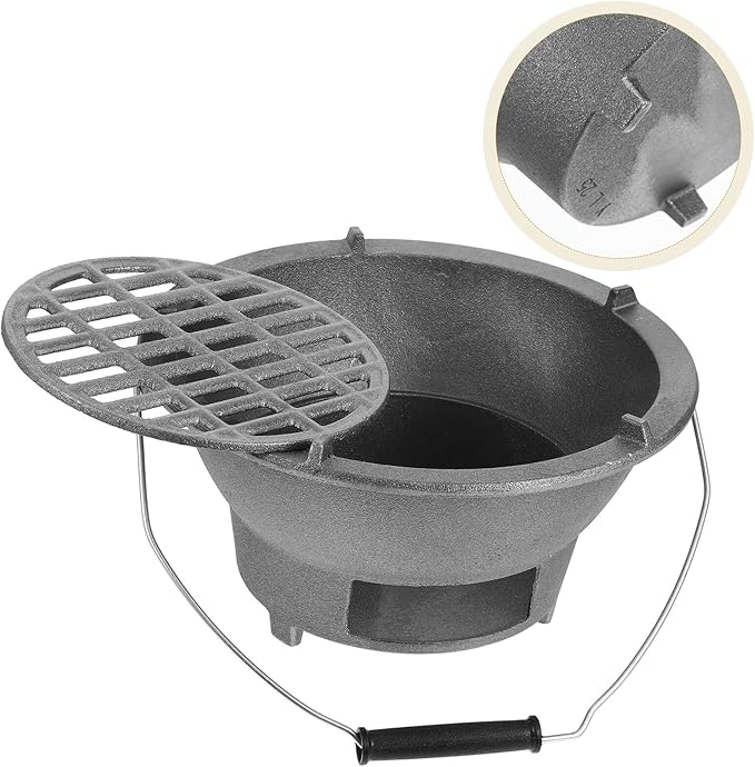 Cast Iron Charcoal Stove Barbecue Grill round Outdoor Kettle Stove with Handle and Inner Grate Large Size for Camping Backyard Patio Cooking