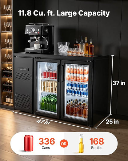 VEVOR Back Bar Cooler, 11.8 Cu. Ft Counter Height Beverage Refrigerator, Commercial Display Fridge w/ 2 Glass Doors, LED Lighting, Shelves, Fan Cooling Beer Wine Cooler for Pub, Merchandiser, Office