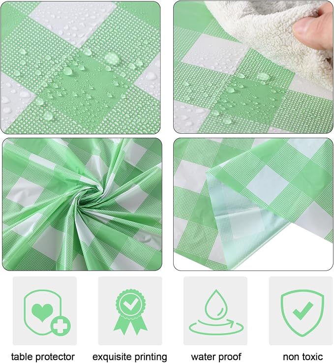 Disposable Checkered Tablecloth Round Plastic Buffalo Plaid Table Cloth 84'' Gingham Tablecover for Picnic Camping BBQ Graduation Party(Green and White,6 Pieces)