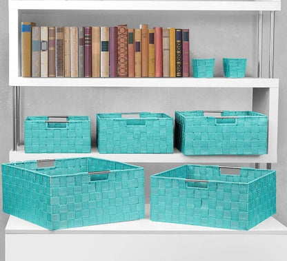 Sorbus Storage Baskets for Organizing (Set of 7), Mesh Hand-Woven Design, Linen Closet Organizers and Storage, Organizer Storage Baskets for Shelves, Variety Pack Organizers and Storage (Aqua)