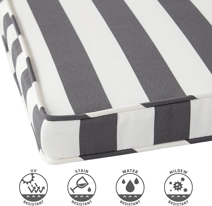 Outdoor 18 inch Square Patio Dining Chair Pads – Comfortable Fiber-Filled Seat Cushions with Ties, Reversible Polyester Fabric - Canopy Stripe Gray, Set of 2