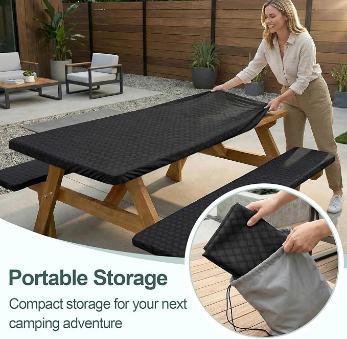 Picnic Table Cover Bench Covers Camping Essentials Tablecloth | Waterproof Vinyl for Outdoor, Windproof Elastic Fitted Edges, RV BBQ Accessories Must Haves, Storage Bag Included