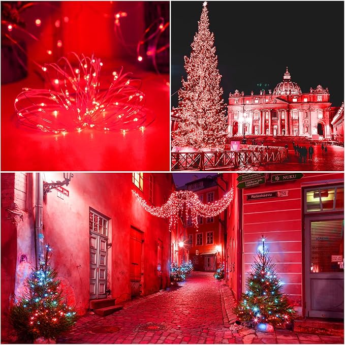 Red Solar Christmas String Lights Outdoor Waterproof, 2Pack Total 200Led 8 Modes Copper Fairy Lights, Solar Powered Outside Decorations for Valentines Day, Garden, Patio, Fence, Balcony