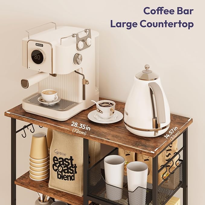 SWTYMIKI Microwave Cart with Storage - 28.35x14.57in Rolling Kitchen Table Cart with Storage Shelves, 6 Removable Hooks& Locking Casters, Coffee Bar Cabinet for Dining Room Pantry Office, Espresso