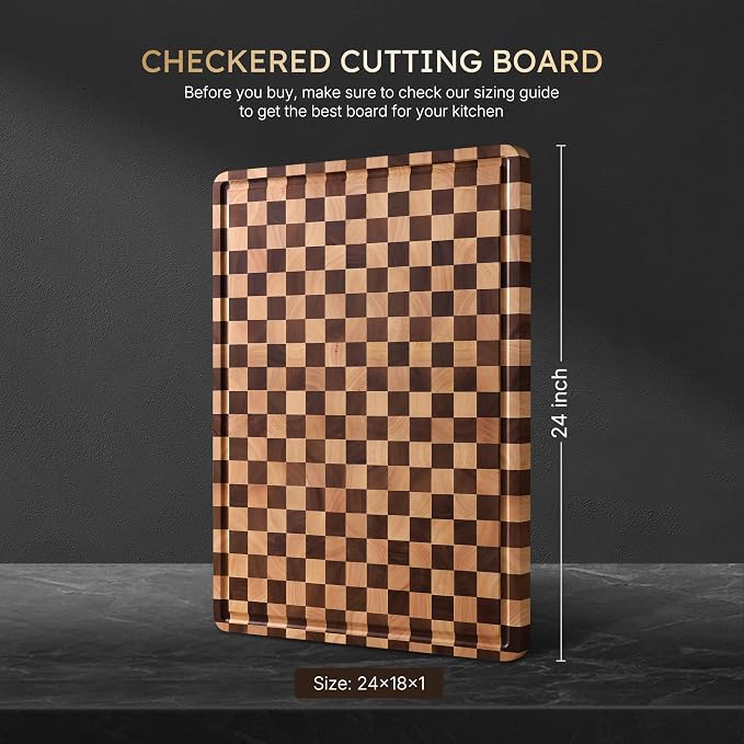 Cutting Boards for Kitchen Checkered Cutting Board 24in Acacia Wood Charcuterie Board Serving Heavy Duty Non Toxic Slip Over Sink Butcher Block Wood Chopping Board with Juice Grooves Handles