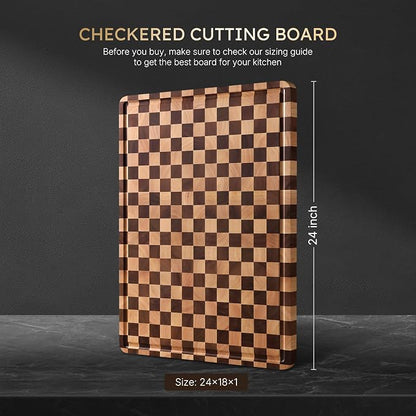 Cutting Boards for Kitchen Checkered Cutting Board 24in Acacia Wood Charcuterie Board Serving Heavy Duty Non Toxic Slip Over Sink Butcher Block Wood Chopping Board with Juice Grooves Handles