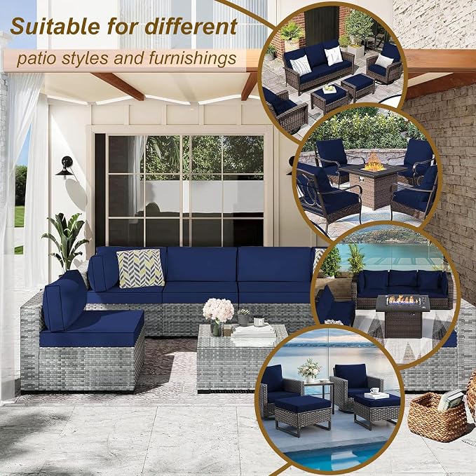 14 Piece Outdoor Patio Cushion Cover Replacement, Waterproof Patio Cushion Covers, Outdoor Furniture Cushion Covers Set for 6 Seat Wicker Rattan Sofa (Navy Blue)