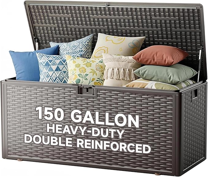 150 Gallon All-Weather Deck Box, Lockable Waterproof Resin Storage with UV Resistance for Patio Furniture, Garden Tools, Pool Accessories (Brown)