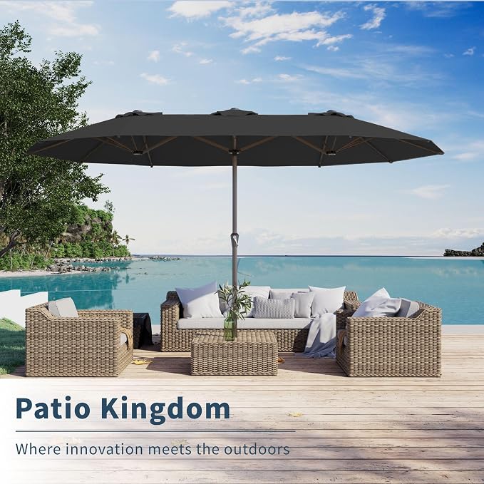 PatioKingdom 15FT Large Patio Umbrella with Base, Double Sided Rectangular Outdoor Umbrella with Sturdy Fiberglass Ribs, Market Umbrella for Pool,Garden,Backyard,Deck (Black, 15FT)
