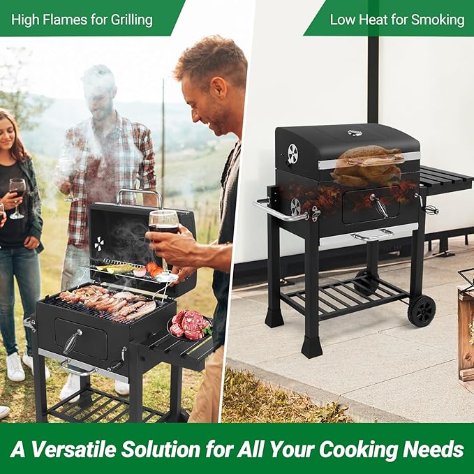 Movable Charcoal BBQ Grill with Foldable Side Tables and Wheels, Heavy-duty Charcoal Grill for Outdoor Picnic and Camping Grilling, Black