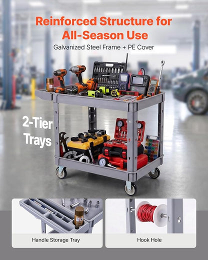 VEVOR Utility Cart, 550 lbs Capacity, 2 Tier Service Cart with 360° Swivel & Fixed Wheels (2 with Brakes), Heavy Duty Plastic Rolling with Storage Tray, Tool Storage for Garage Warehouse Workshop Gray