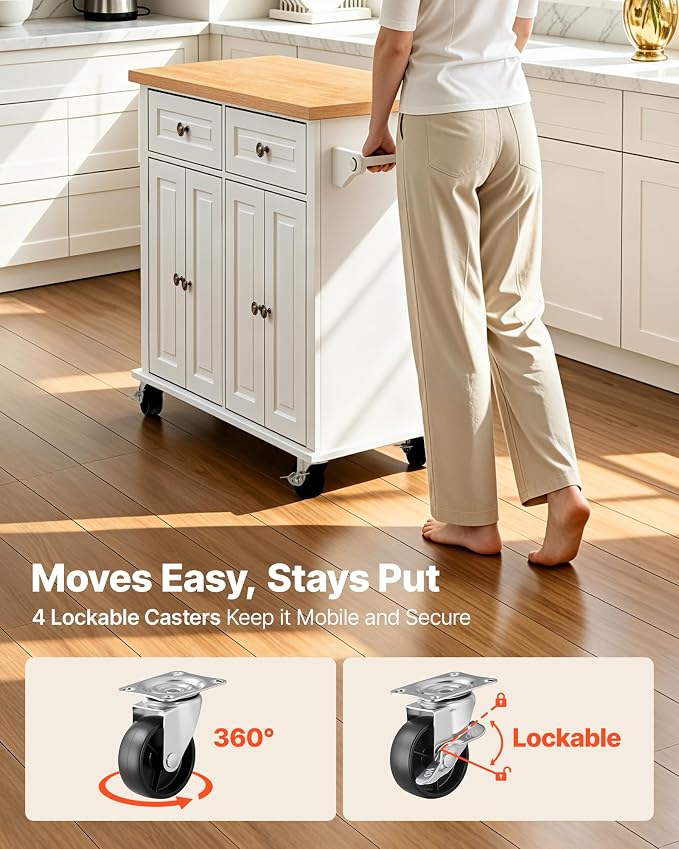 VEVOR Kitchen Island Cart with Storage, 43.7 in Wide Mobile Rolling Storage Island on Swivel Wheels, with 2 Drawers, Storage Cabinet, Spice/Towel Rack, Hooks, Table for Home Dining Room, White | Home Dining Use, Spice Towel Rack With Hooks, Cabinet She...