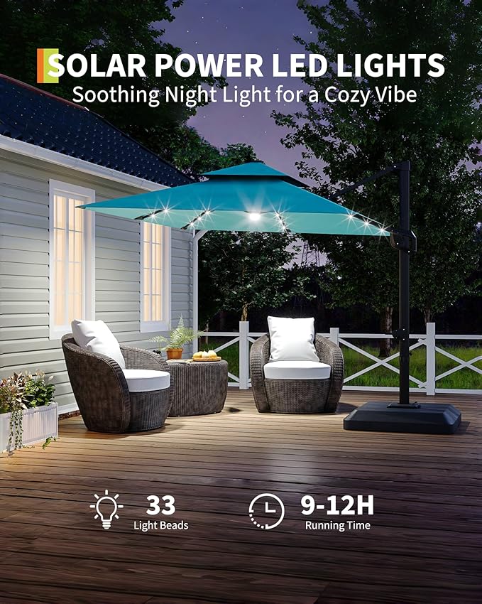 GarveeLife 10 ft x 10 ft Heavy Duty Cantilever Patio Umbrella with Solar LED Lights & Weighted Base, 2-Tier Square Aluminum Offset Umbrella with 360-Degree Rotation for Backyard, Deck, Pool, Turquoise