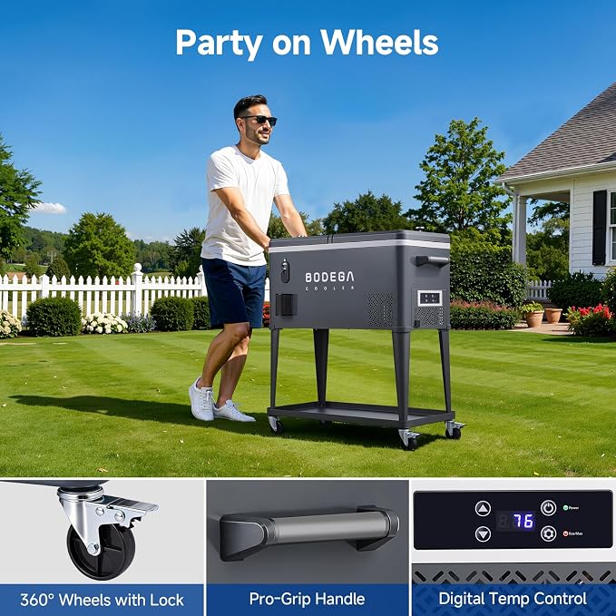 BODEGACOOLER 50QT Electric Cooler with Wheels, Compressor Rolling Cooler | Ice-Free, AC & 12V DC Power, 45dB Quiet, IPX5, Pull-out Handle, Dual-side Lid w/ Opener, Locking Casters, Steel Body