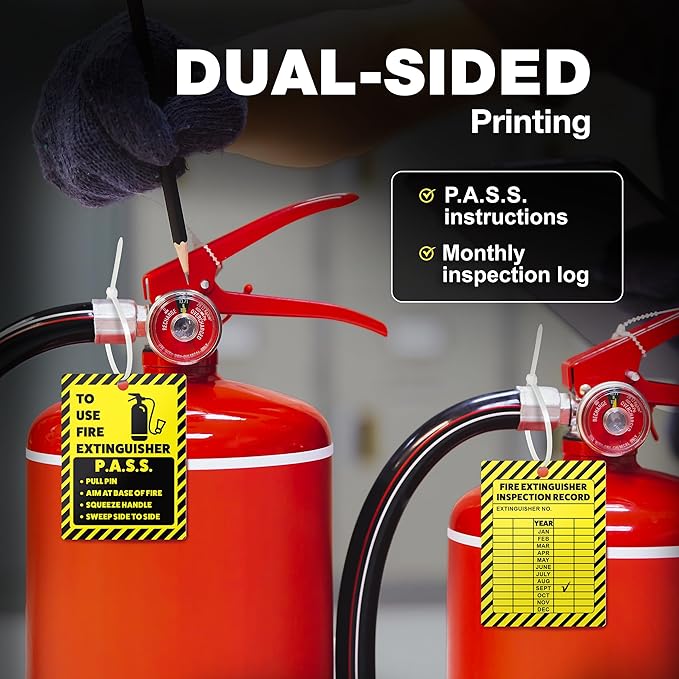 Fire Extinguisher Inspection Tags 2026-2029, Plastic 2.25 x 3 Inch Yellow for Indoor Outdoor Use, Durable Double-Sided Monthly Record and Pass Instructions, Include Zip Ties, 10 Pack