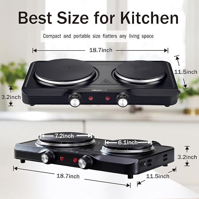 1800W Electric Hot Plate for Cooking, Double Burner with 7.2"&6.1" Cast Iron Heating Plate, Portable Cooking Stove, Adjustable Temperature Controls, Easy to Clean, Compatible for All Cookwares