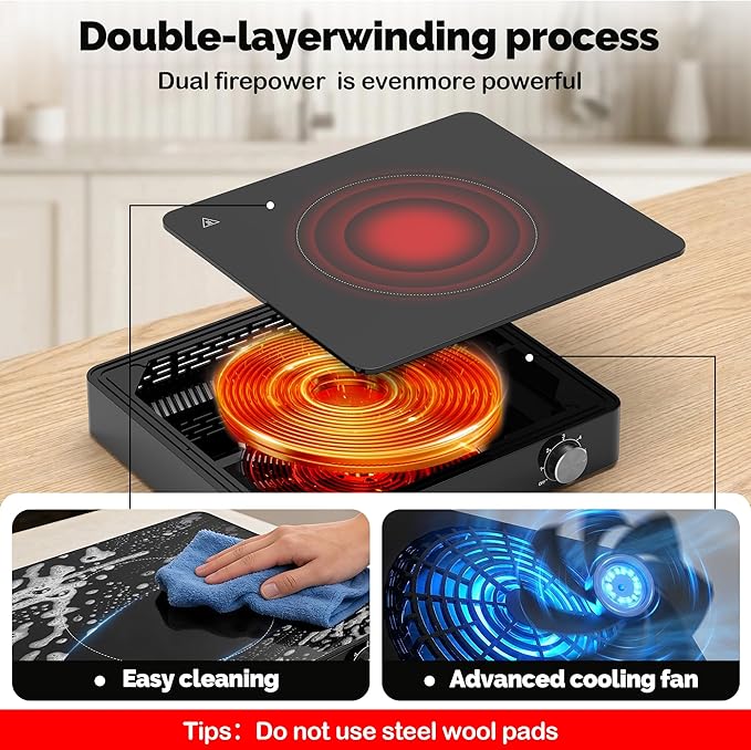 Portable Single Burner Electric Cooktop, 1200W 110-120V Countertop Hot Plate with Knob Control & 6 Power Levels, Black Crystal Glass Surface, Compatible with All Cookware, for Home Camping