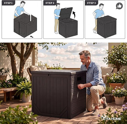 YITAHOME 150 Gallon Large Outdoor Storage Box w/Double Wall, Waterproof Deck Box with Hydraulic Piston for Garden Tools, Pool Accessories & Cushions, Resin Deck Organizer with Bench Seat(Black)