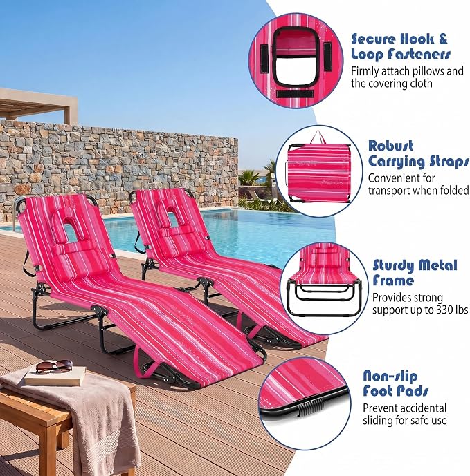Goplus Tanning Chair, Folding Beach Lounge Chair with Face Hole, Removable Pillow, Carry Strap, Position Adjustable, Sunbathing Chair, Portable Outside Lounge Chair for Patio Pool