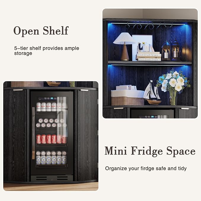 kepptory 71" Extra Large Triangle Corner Bar Cabinet with Mini Fridge Space | Full RGB LED Liquor Cabinet with Wine Glass Rack, Oversized Fluted Storage Buffet for Living Room Kitchen