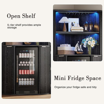 kepptory 71" Extra Large Triangle Corner Bar Cabinet with Mini Fridge Space | Full RGB LED Liquor Cabinet with Wine Glass Rack, Oversized Fluted Storage Buffet for Living Room Kitchen