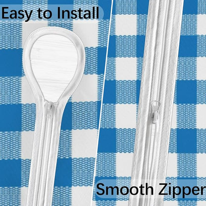 Fitted Round Tablecloth with Umbrella Hole and Zipper Buffalo Plaid Outdoor Elastic Table Cloth 36"-44" Oil-Proof Waterproof Moroccan Patio Table Cover for Dining Picnic Party, Blue and White