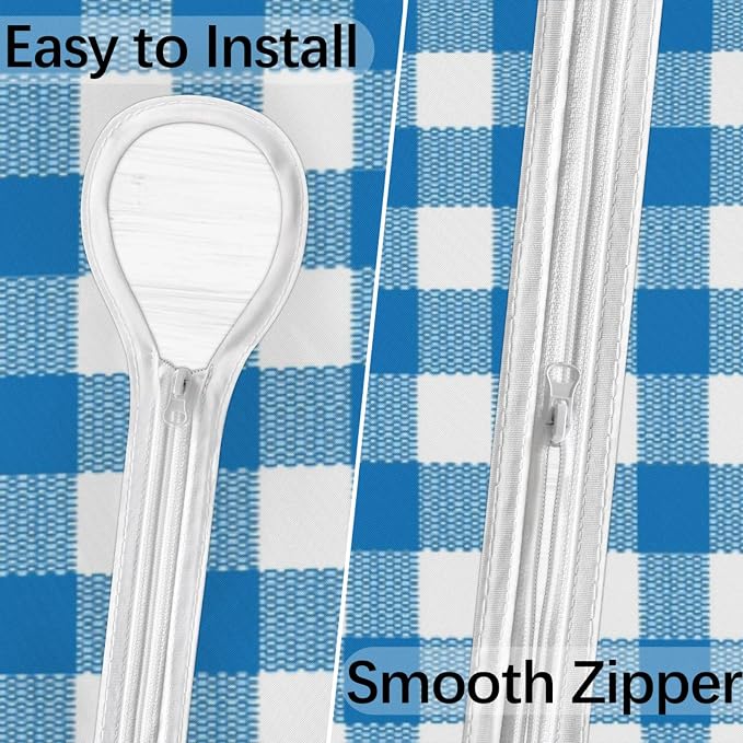 Fitted Round Tablecloth with Umbrella Hole and Zipper Buffalo Plaid Outdoor Elastic Table Cloth 45"-56" Oil-Proof Waterproof Patio Table Cover for Dining Picnic Party, Blue and White