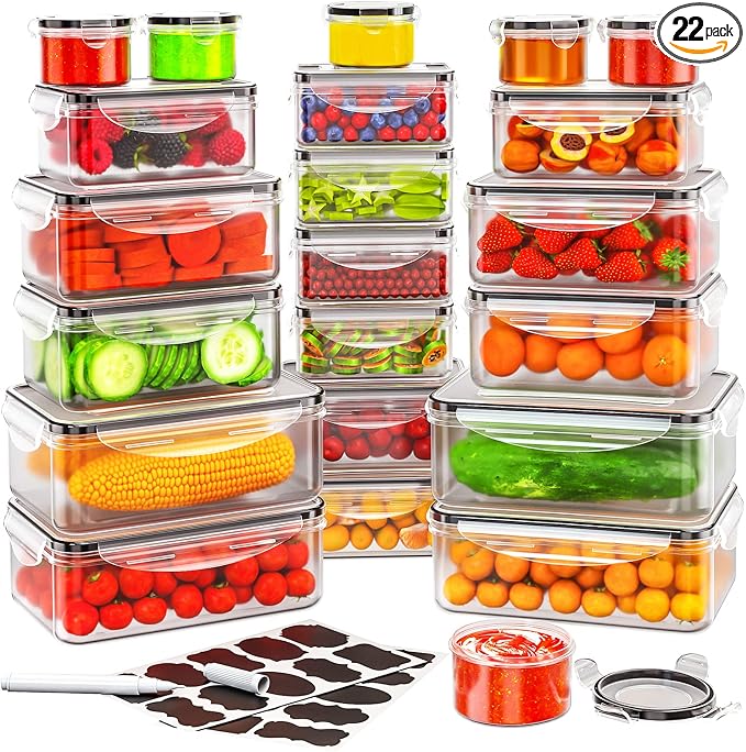44 PCS Airtight Food Storage Container with Lid (22 Lids & 22 Containers) | Leakproof Plastic Kitchen Organization Set Reusable Microwave/Freezer/Dishwasher Safe Meal Prep Container with Label & Pen