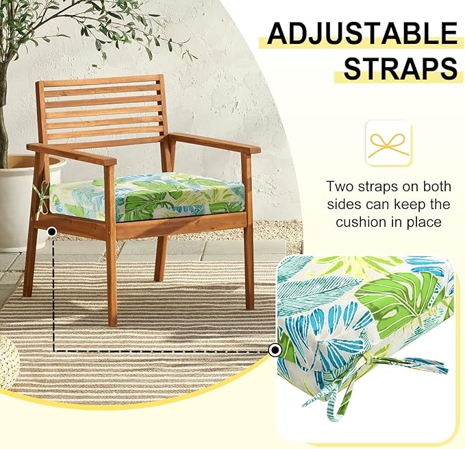 downluxe Outdoor Chair Cushions Set of 4 for Patio Furniture, Water-Resistant Square Patio Chair Cushions with Ties, High Density Foam Outdoor Seat Cushion, 18.5" X 16" X 3", Tropical Green Leaves