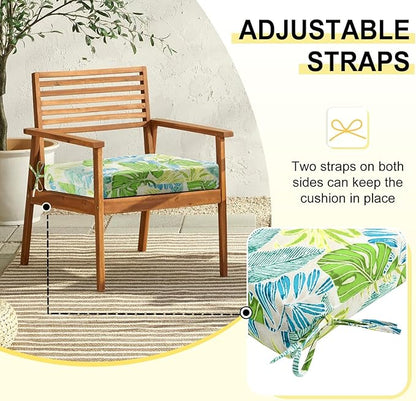 downluxe Outdoor Chair Cushions Set of 4 for Patio Furniture, Water-Resistant Square Patio Chair Cushions with Ties, High Density Foam Outdoor Seat Cushion, 18.5" X 16" X 3", Tropical Green Leaves