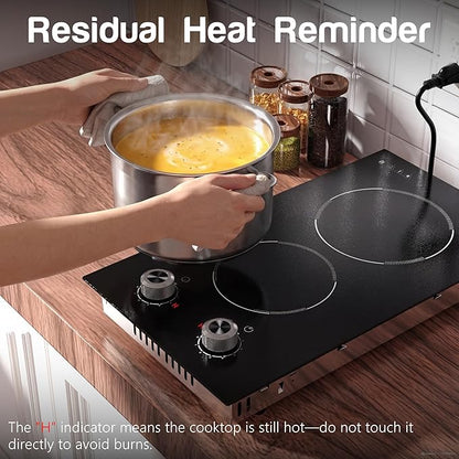 2 Burner Electric Cooktop 110V Karienvir, Plug in Electric Stove Top Burner 2000W, Cooktop Knob Controls, 12 Inch Countertop & Built-In Portable Kitchen Cooktop, 9 Power Levels, Residual Heat Warnings