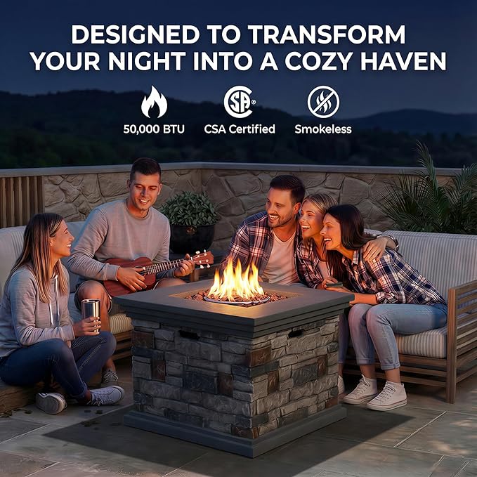 32'' Propane Fire Pit Table, 40,000 BTU Outdoor Square Gas Firepit with Auto-Ignition, Waterproof Cover, Lava Rock for Patio Deck, Imitation Stone Concrete, CSA Certified, Gray