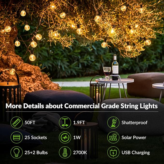 50FT Solar String Lights, Waterproof LED Outdoor String Lights, G40 Globe Patio Lights Solar Powered with 27 Shatterproof E12 Bulbs, 2700K Solar Lights for Outside Porch Garden Backyard Party Decor