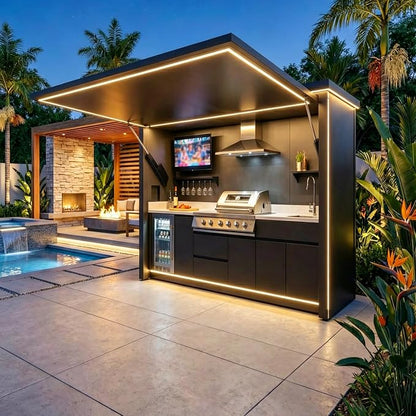 Modular Outdoor Kitchen Pod, Prefab Outdoor Kitchen Kits with Roof Sink Burners Storage Cabinet, Outdoor Backyard BBQ Cooking Station Island