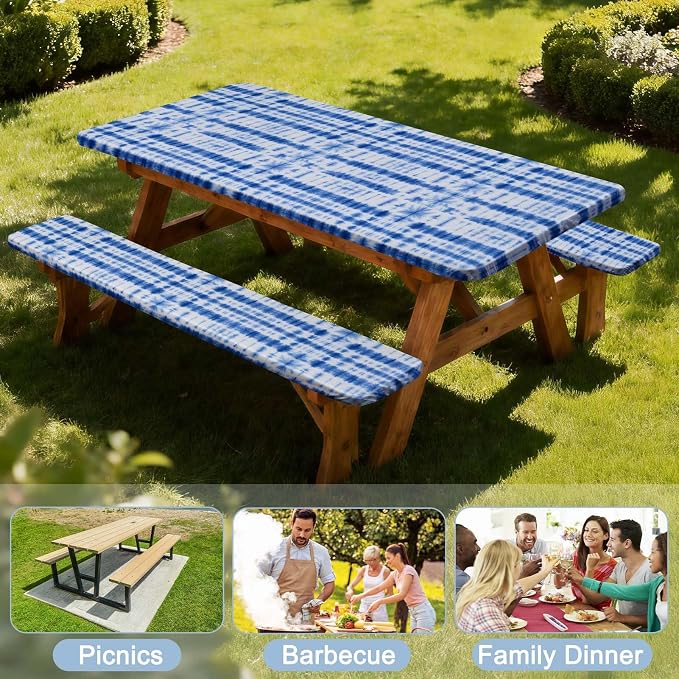 Picnic Table Cover with Bench Covers Windproof Waterproof Picnic Table Covers Camping Tablecloth with Self-Storage Bag, 72in, Blue Tie-dye