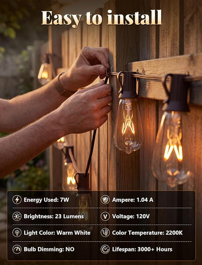 20Ft Outdoor Patio String Lights with 22 Clear Vintage Light Bulbs (2 Spare), E17 Base ST40 Outdoor Edison String Lights Waterproof UL Listed for Indoor Garden Backyard Party Porch Decor, 7W - Brown