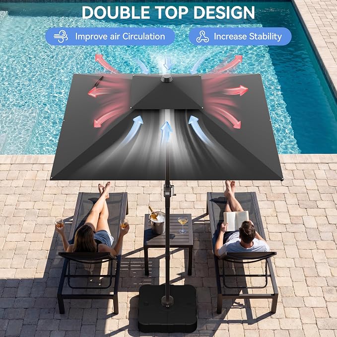 10x10FT Grey Cantilever Outdoor Patio Umbrella with Base, Large Square Offset Design, Double Top Heavy Duty Aluminum Frame & 360° Rotation for Pool Garden Deck Backyard