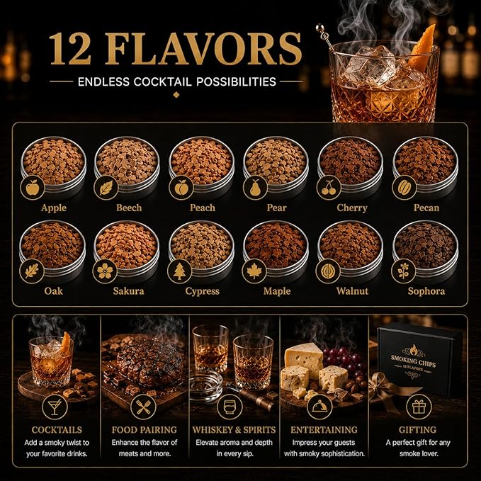 Cocktail Smoker Wood Chips, 12 Flavors Natural Wood Chips for Cocktail Smoker Kit, 12 x 1oz Premium Whiskey Smoking Chips for Bourbon, Old Fashioned, BBQ & Grilling