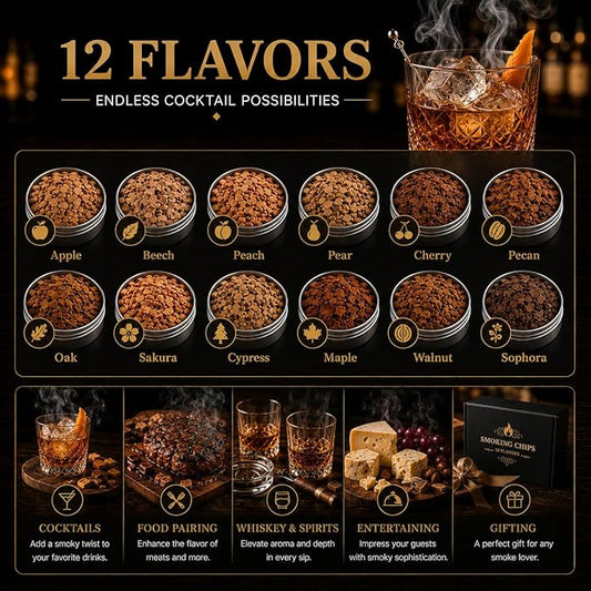 Cocktail Smoker Wood Chips, 12 Flavors Natural Wood Chips for Cocktail Smoker Kit, 12 x 1oz Premium Whiskey Smoking Chips for Bourbon, Old Fashioned, BBQ & Grilling