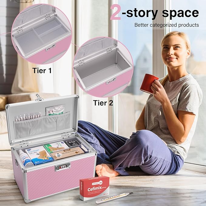 Medicine Lock Box with Combination Lock - 10 x 6 x 6.7 Inches - First Aid Safe Medication Storage Box, Personal Items Safe Case for Home and Outdoor - Pink 【No Strap】
